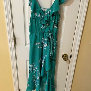 Socialite XS Teal Floral Ruffle Wrap Dress 🌸 High Low Hem Sleeveless